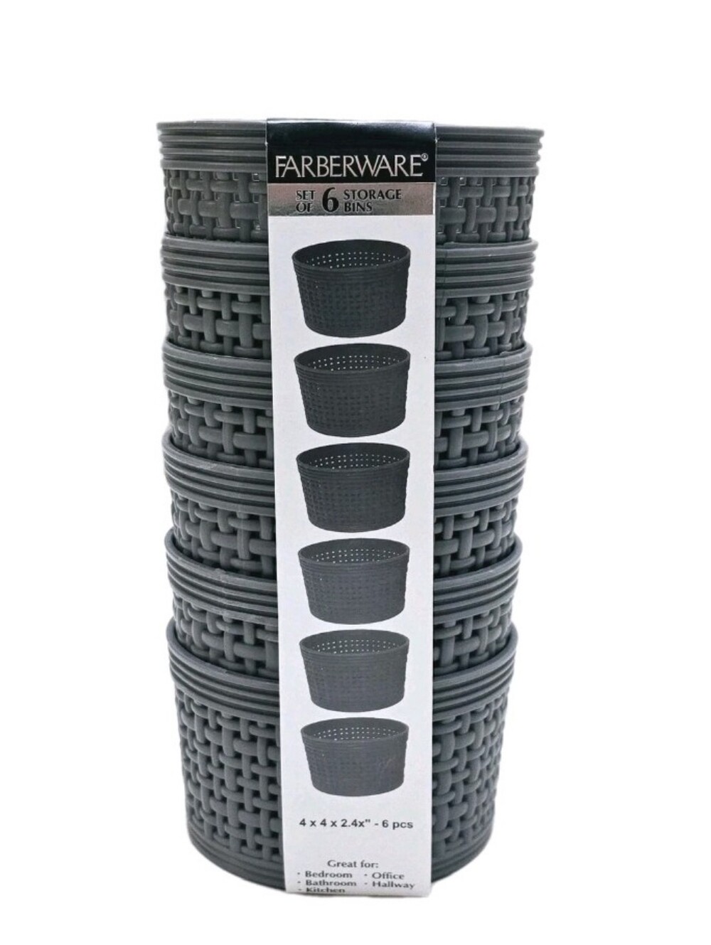 New 6pc Farberware Small Storage Bins Set Weave Gray Round Desktop Containers